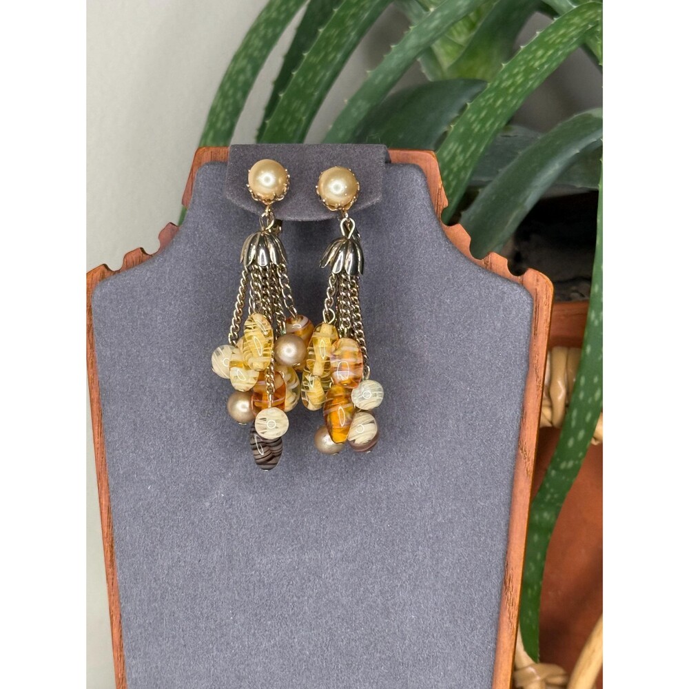 Vintage Coro Cha Cha Earrings Art Glass Bead Fringe Dangle Gold Tone Clip On 50s